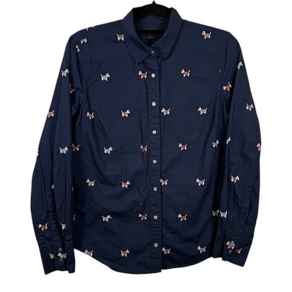 J. Crew Scottie Dogs Embroidered Button Front Shirt Navy Blue Slim Fit Size 8 - Picture 2 of 12
